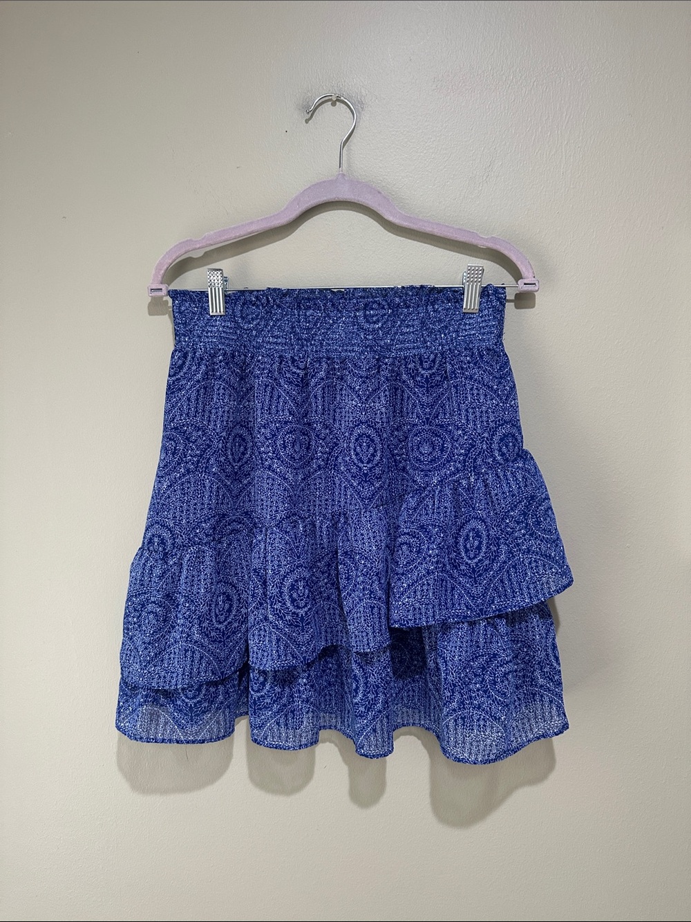 🌹LOFT Blue Tiered Skater Skirt with Geometric Print